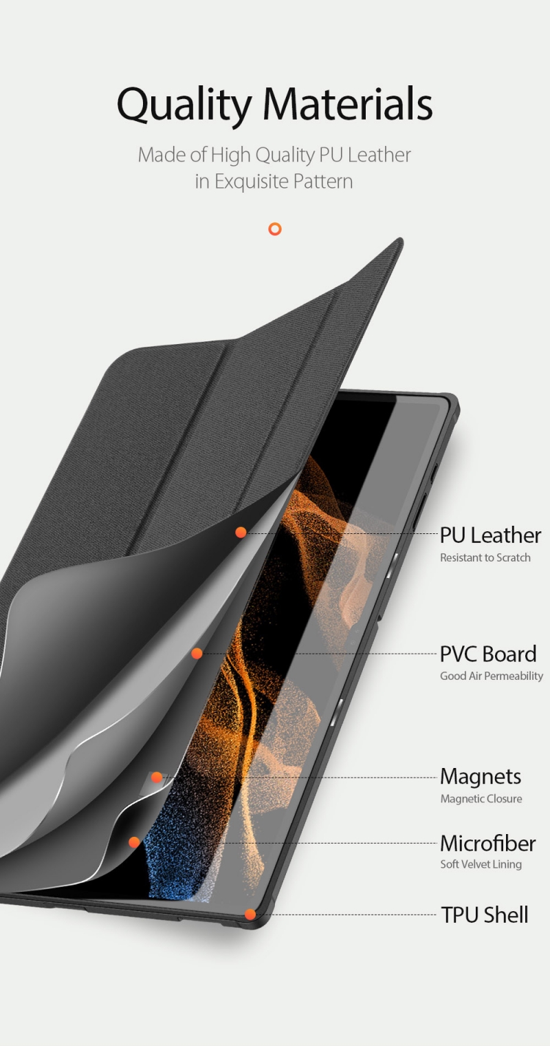 Bao Da Samsung Tab S9 Ultra (X910/X916)Hiệu Domo Cao Cấp được làm từ chất liệu da PU tổng hợp cao cấp với mặt lưng PC